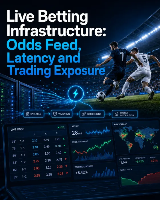 Real-time live betting system showing odds feed updates, latency control and trading exposure management